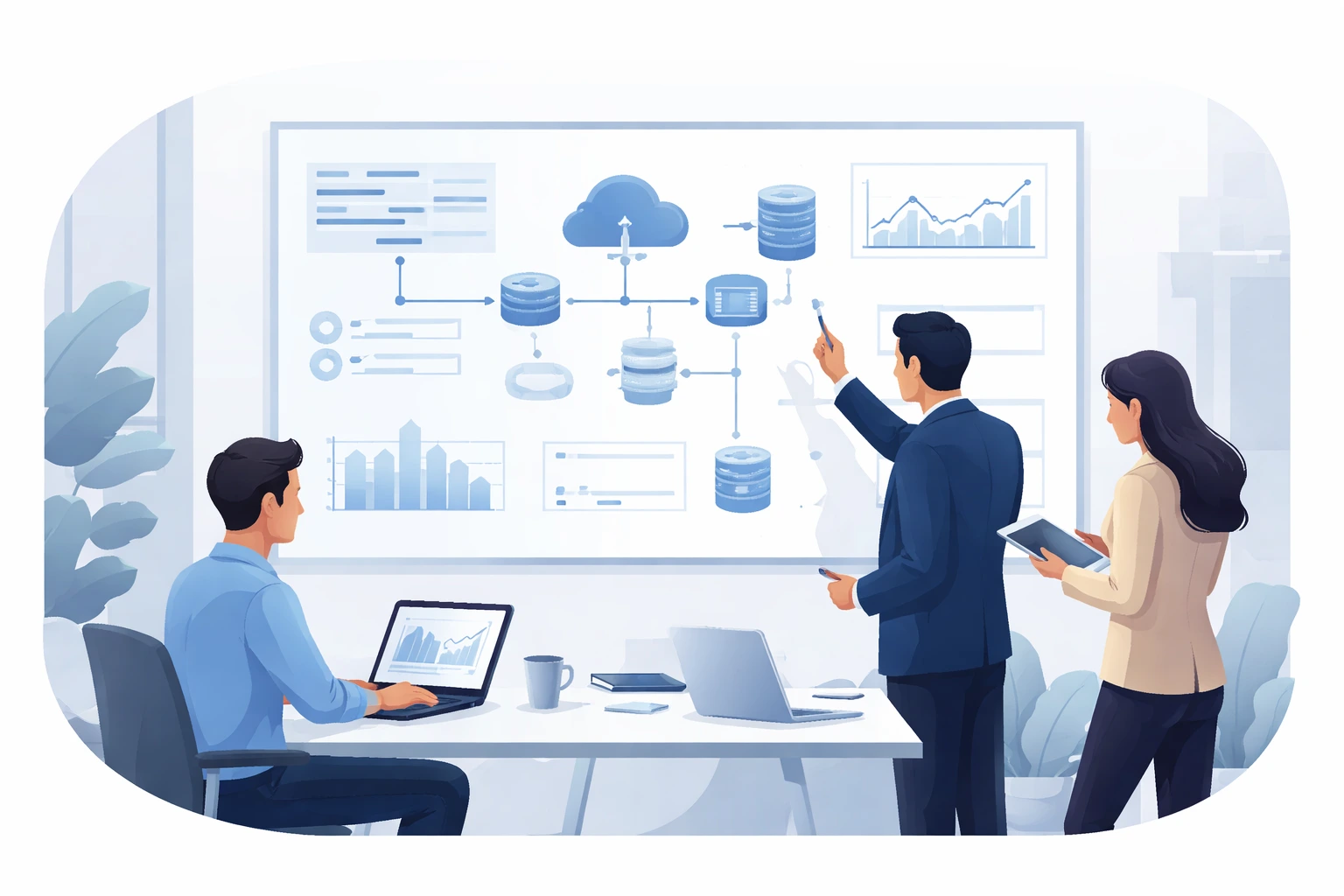 Equipo analizando arquitectura tecnológica y estrategia digital